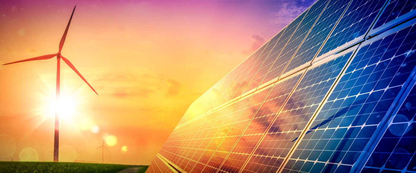 Wind,Turbines,And,Solar,Panels,At,Sunset,-,Renewable,Energy